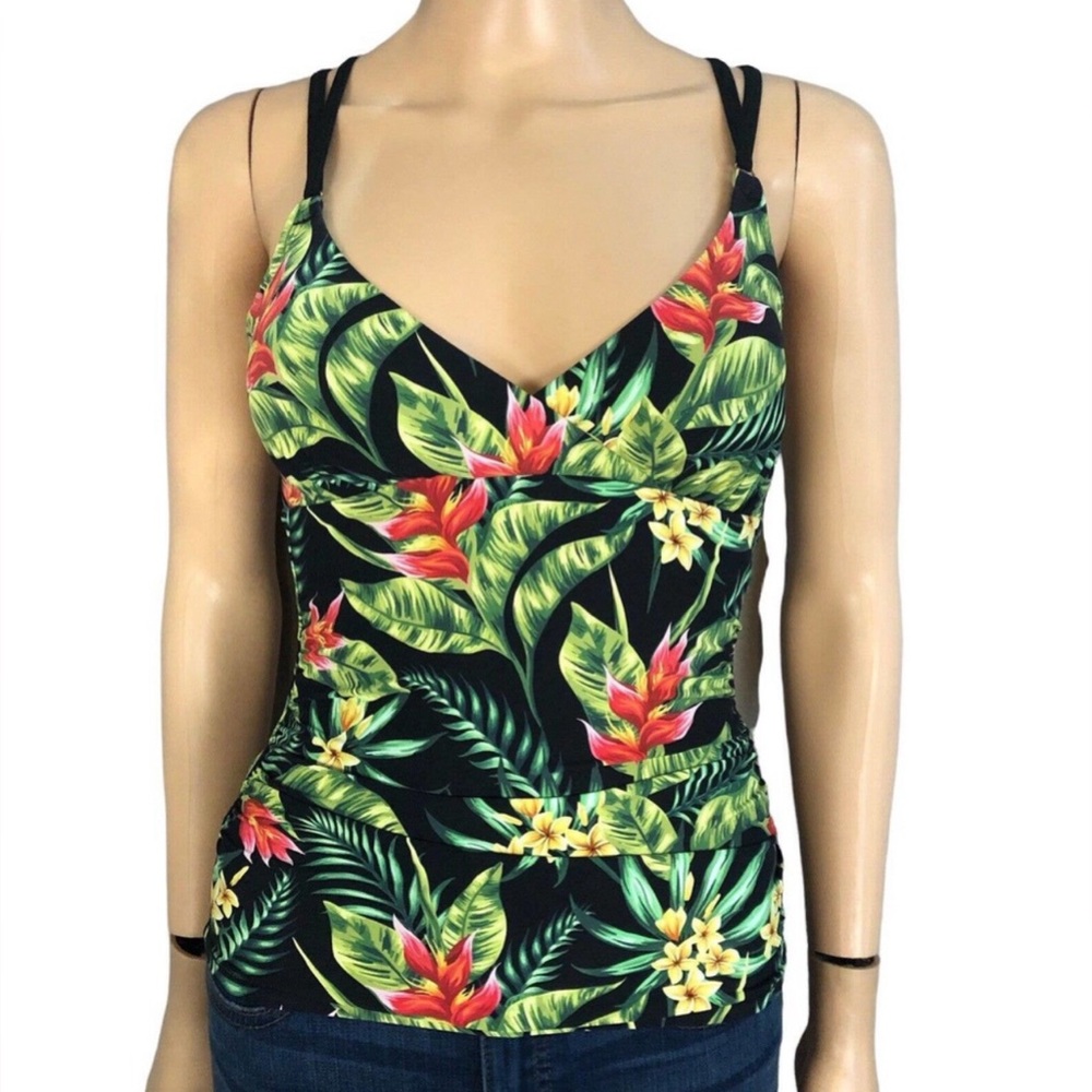CALIA Tropical Palms Print Strappy Back Tummy Control Front Ruching Tank…